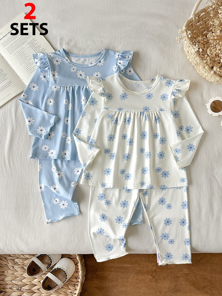 SHEIN Cream & Light Blue Ditsy Daisy Floral Ruffle Set, Baby Girl Viral Cottagecore Outfit, Flutter Sleeve Long Sleeve Top + Straight Leg Pants, Sweet Casual Style For Spring/Autumn, 0-3 Years - Blue - View 1