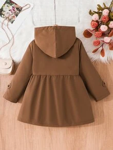 SHEIN Elladie kids 女童冬季外套，咖啡棕色，保暖內裡，連帽，雙排扣，時尚夾克，適合日常休閒穿著 - 棕色 - 查看 2