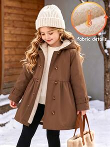 SHEIN Elladie kids 女童冬季外套，咖啡棕色，保暖內裡，連帽，雙排扣，時尚夾克，適合日常休閒穿著 - 棕色 - 查看 3