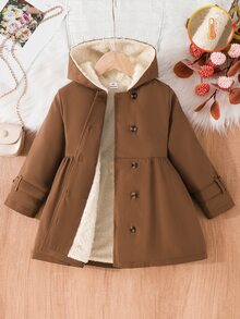 SHEIN Elladie kids 女童冬季外套，咖啡棕色，保暖內裡，連帽，雙排扣，時尚夾克，適合日常休閒穿著 - 棕色 - 查看 1