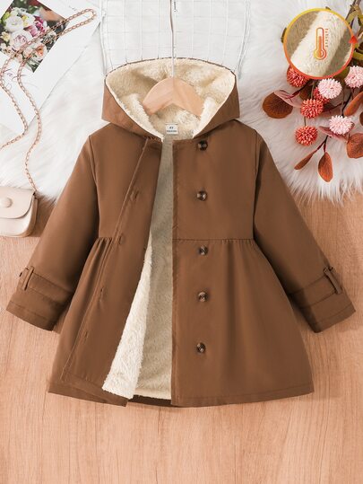 SHEIN Elladie kids Girls' Winter Coat, Brown Coffee Color, Thermal Lining, Hooded, Double-Breasted, Fashionable Jacket, Suitable For Daily Casual Wear