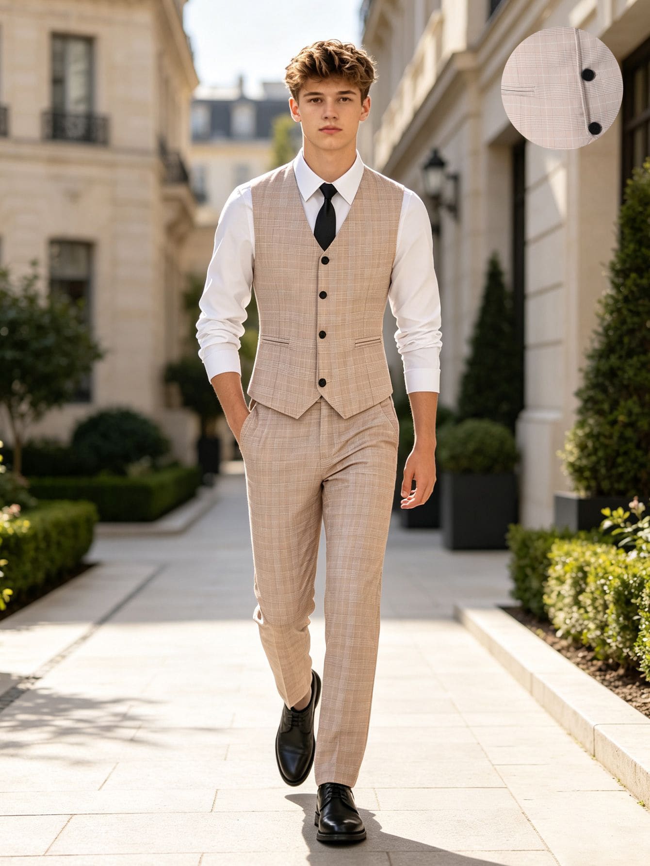 Teenager 2026 Khaki Plaid Suit Set: Sleeveless Vest + Trousers, Gentleman Style For Daily Wear, Back To School, Performance, Wedding, Christmas - Khaki - View 1