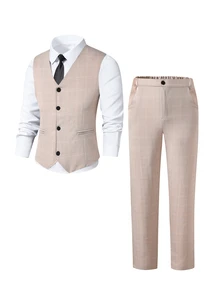 Teenager 2026 Khaki Plaid Suit Set: Sleeveless Vest + Trousers, Gentleman Style For Daily Wear, Back To School, Performance, Wedding, Christmas - Khaki - View 3