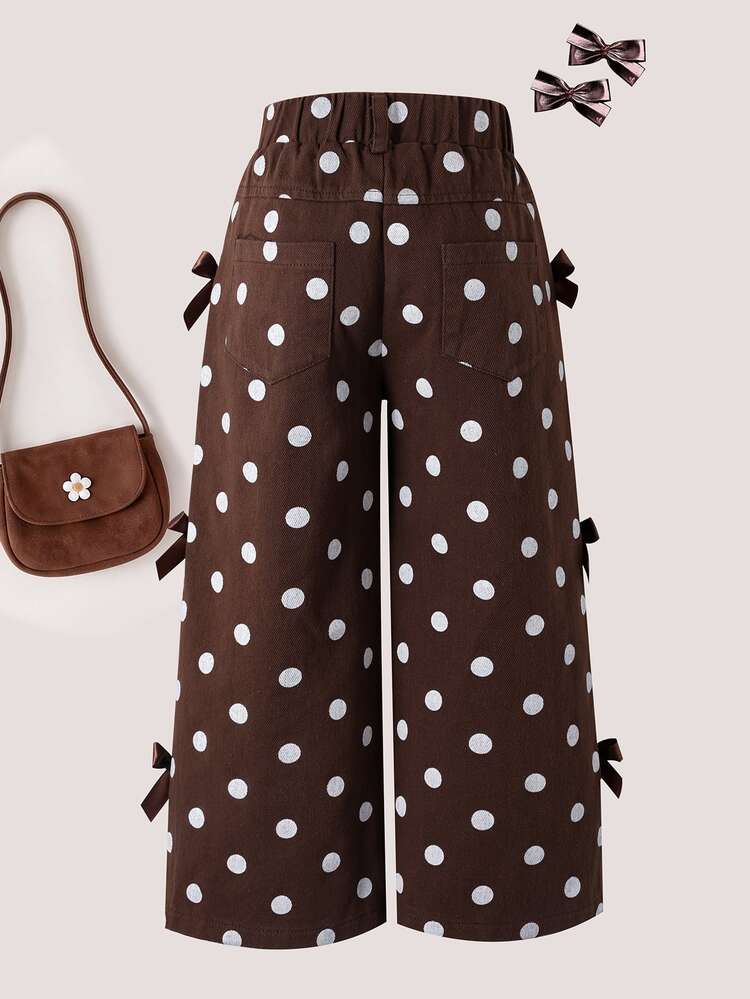SHEIN Young Girls Casual Retro Fashion Personalized Brown Denim Jeans With Pockets, Polka Dot Print, Pink 3D Bow, Wide Leg, Snug Fit, Versatile, All-Season Bottoms - Brown - View 2