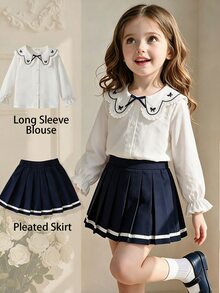 SHEIN Elladie kids 女童時尚甜美蕾絲刺繡領白色荷葉邊長袖襯衫，學院風百搭可愛蝴蝶結上衣，日常優雅休閒秋季款 - 白色 - 查看 5
