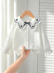 SHEIN Elladie kids 女童時尚甜美蕾絲刺繡領白色荷葉邊長袖襯衫，學院風百搭可愛蝴蝶結上衣，日常優雅休閒秋季款 - 白色 - 查看 2