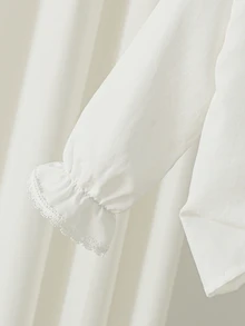 SHEIN Elladie kids 女童時尚甜美蕾絲刺繡領白色荷葉邊長袖襯衫，學院風百搭可愛蝴蝶結上衣，日常優雅休閒秋季款 - 白色 - 查看 7