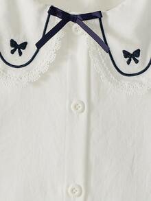 SHEIN Elladie kids 女童時尚甜美蕾絲刺繡領白色荷葉邊長袖襯衫，學院風百搭可愛蝴蝶結上衣，日常優雅休閒秋季款 - 白色 - 查看 8