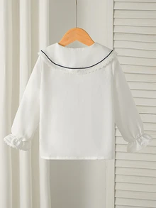 SHEIN Elladie kids 女童時尚甜美蕾絲刺繡領白色荷葉邊長袖襯衫，學院風百搭可愛蝴蝶結上衣，日常優雅休閒秋季款 - 白色 - 查看 3