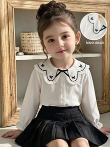 SHEIN Elladie kids 女童時尚甜美蕾絲刺繡領白色荷葉邊長袖襯衫，學院風百搭可愛蝴蝶結上衣，日常優雅休閒秋季款 - 白色 - 查看 4
