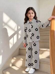 Souflis Souflis 2件組女童春夏秋經典黑白條紋3D花卉印花襯衫套裝，精緻吸睛，領口設計搭配單排扣，適合日常、外出、返校與派對 - 黑色 - 查看 4
