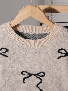 SHEIN 青少年女孩杏色粗針織毛衣，秋冬款，蝴蝶結提花圓領套頭衫，落肩長袖，適合秋季單穿，冬季可搭配大衣/棉襖疊穿，面料柔軟舒適 - 彩色 - 查看 4