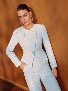 MOTF PREMIUM WOMEN'S ELEGANT COMMUTER JACKET WITH RHINESTONE BUTTON, AUTUMN/WINTER - Blue - View 6