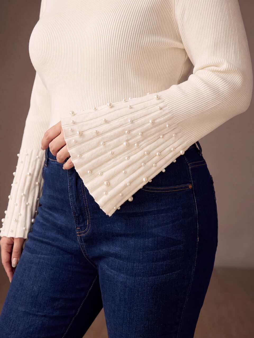 MOTF PLUS SIZE WOMEN'S KNITTED FAUX PEARLS BELL SLEEVE SWEATER, AUTUMN/WINTER