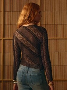 MOTF STUDIO ASYMMETRICAL LACE PATCHWORK LONG SLEEVE T-SHIRT - Coffee Brown - View 3