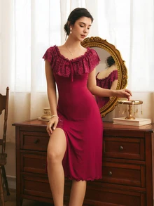 Côtesoire French Elegant Romantic Charm Lace Ruffle Patchwork Off-Shoulder Or U-Neck Slit Knit Women's Nightgown - Burgundy - View 3