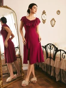 Côtesoire French Elegant Romantic Charm Lace Ruffle Patchwork Off-Shoulder Or U-Neck Slit Knit Women's Nightgown - Burgundy - View 5