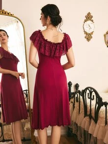 Côtesoire French Elegant Romantic Charm Lace Ruffle Patchwork Off-Shoulder Or U-Neck Slit Knit Women's Nightgown - Burgundy - View 1