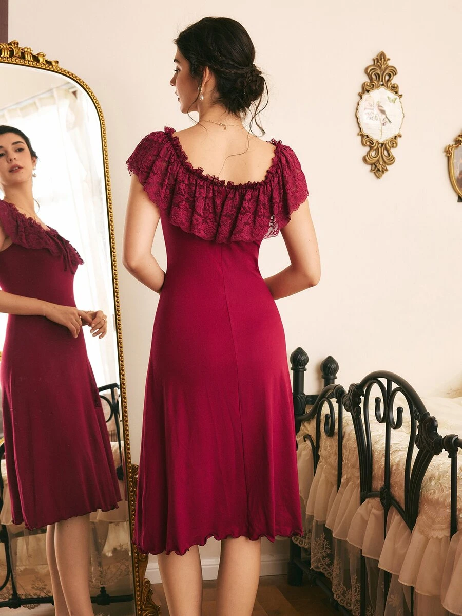 Côtesoire French Elegant Romantic Charm Lace Ruffle Patchwork Off-Shoulder Or U-Neck Slit Knit Women's Nightgown - Burgundy - View 1