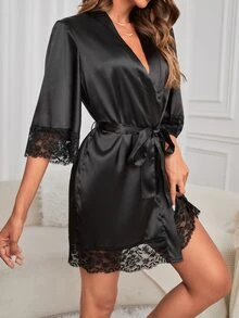 Côtesoire Solid Color & Lace Trim Women's Nightgown, Fall, Winter - Black - View 6
