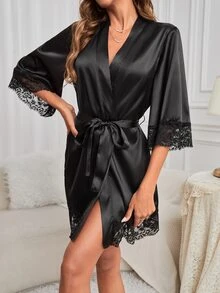 Côtesoire Solid Color & Lace Trim Women's Nightgown, Fall, Winter - Black - View 5