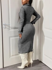 Jeanoix Petite Y2K Women's Front Button Slim Fit Denim Dress - Grey - View 2
