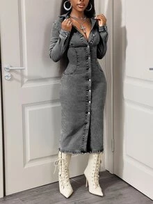 Jeanoix Petite Y2K Women's Front Button Slim Fit Denim Dress - Grey - View 4