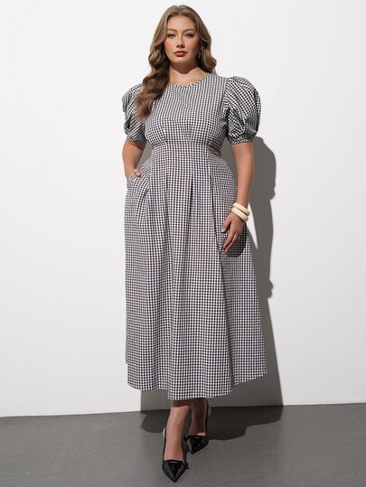 Maija Gaun Kasual Lipit Kotak-kotak Wanita Ukuran Besar Gaya Flapper Vintage 1950-an/1920-an untuk Pesta, Makan Malam, Liburan, Lengan Kelopak, Warna Hitam dan Putih untuk Musim Gugur/Dingin Formal