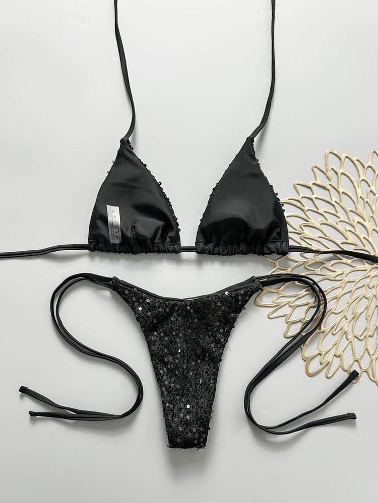 Costavie 2-Piece Set Spring/Summer Vacation Sequin Textured Fabric Halter Triangle Bikini Top And Side Tie Bikini Bottom Sexy Women's Swimwear - Black - View 2