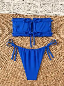 Swim SXY 女款夏季海灘純色抹胸比基尼上衣與三角褲兩件式泳衣套裝 - 寶藍色 - 查看 2
