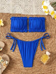 Swim SXY 女款夏季海灘純色抹胸比基尼上衣與三角褲兩件式泳衣套裝 - 寶藍色 - 查看 5