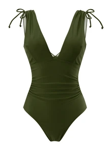 Swim Vcay Women's One-Piece Drawstring Deep V-Neck Wire-Free Bikini Swimsuit - Army Green - View 6