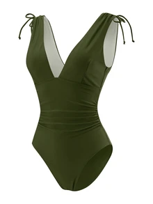 Swim Vcay Women's One-Piece Drawstring Deep V-Neck Wire-Free Bikini Swimsuit - Army Green - View 7
