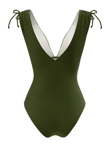 Swim Vcay Women's One-Piece Drawstring Deep V-Neck Wire-Free Bikini Swimsuit - Army Green - View 2