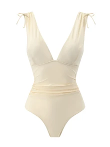 Swim Vcay 女款一件式抽繩深V領無鋼圈比基尼泳衣 - 米色 - 查看 5