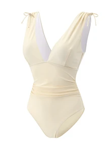 Swim Vcay 女款一件式抽繩深V領無鋼圈比基尼泳衣 - 米色 - 查看 4