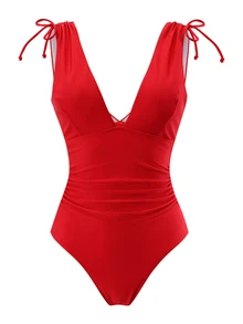 Costavie Women's One-Piece Drawstring Bikini Deep V Neck Wire-Free Tank One-Piece Swimsuit - Red - View 4