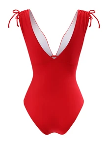 Costavie Women's One-Piece Drawstring Bikini Deep V Neck Wire-Free Tank One-Piece Swimsuit - Red - View 2