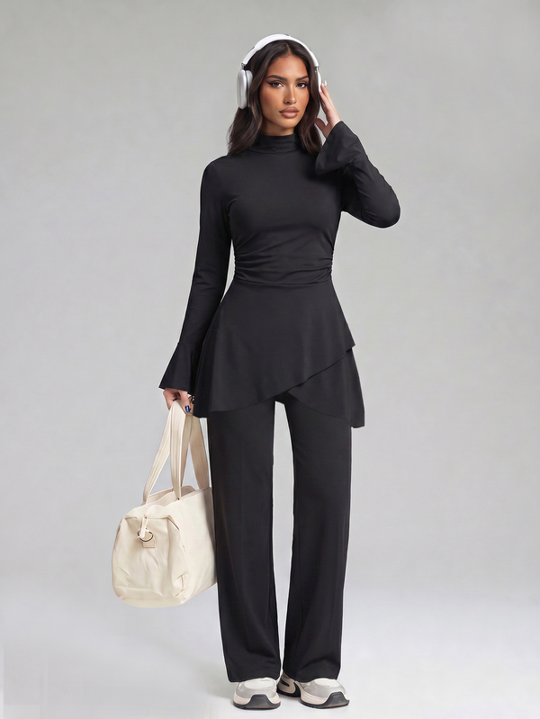 SHEIN Sports طقم رياضي نسائي بأسلوب الشرق الأوسط من قطعتين بلون موحد مع بنطال طويل بحافة غير متماثلة وقميص بأكمام طويلة