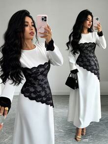 SHEIN Raffinéa 新款優雅通勤風收腰不對稱蕾絲拼接女款長洋裝 - 白色 - 查看 1