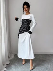 SHEIN Raffinéa 新款優雅通勤風收腰不對稱蕾絲拼接女款長洋裝 - 白色 - 查看 6