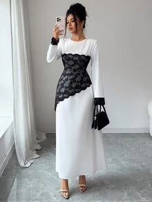 SHEIN Raffinéa 新款優雅通勤風收腰不對稱蕾絲拼接女款長洋裝 - 白色 - 查看 7