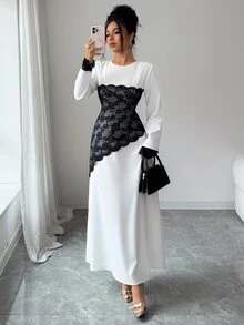 SHEIN Raffinéa 新款優雅通勤風收腰不對稱蕾絲拼接女款長洋裝 - 白色 - 查看 4