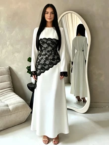 SHEIN Raffinéa 新款優雅通勤風收腰不對稱蕾絲拼接女款長洋裝 - 白色 - 查看 3