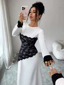 SHEIN Raffinéa 新款優雅通勤風收腰不對稱蕾絲拼接女款長洋裝 - 白色 - 查看 5