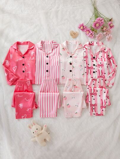 Souflis Girls Pajamas, Cute Print, Comfortable Soft Satin Long Sleeve Cardigan And Pants, Casual Homewear, 4 Sets Randomly Shipped, 1 Set Surprise Blind Box