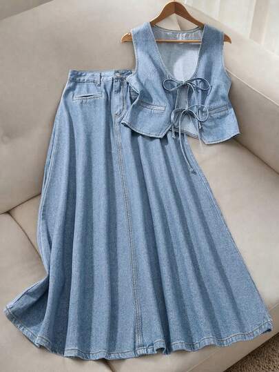 GlowEve CURVE Plus Size Women's V-Neck Tie Front Casual Daily Denim Jacket