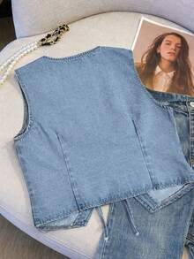 GlowEve CURVE Plus Size Women's V-Neck Tie Front Casual Daily Denim Jacket - Light Wash - View 2
