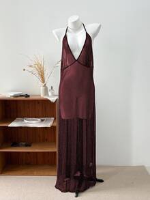 Dazy Plus Mesh Sheer Long Camisole Lingerie - Burgundy - View 2