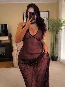 Dazy Plus Mesh Sheer Long Camisole Lingerie - Burgundy - View 3